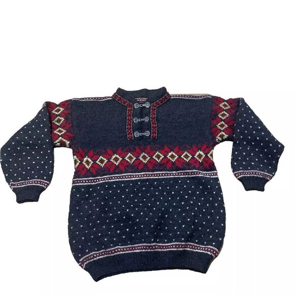 Vintage 80s 90s Wool Sweater Womens M FairIsle Winter Nordic Floral Gray Metal - Picture 10 of 16